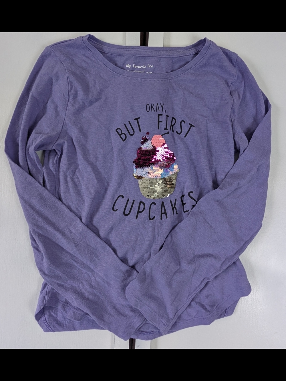 Girls' Purple 'But First Cupcakes' Long Sleeve Sequin Tee